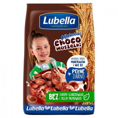 Lubella Mlekołaki Choco Muszelki Zbożowe muszelki o smaku czekoladowym 500 g